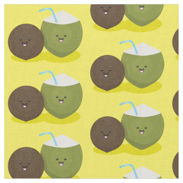 Tissu Caricature de noix de coco kawaii joyeux (Fermer)