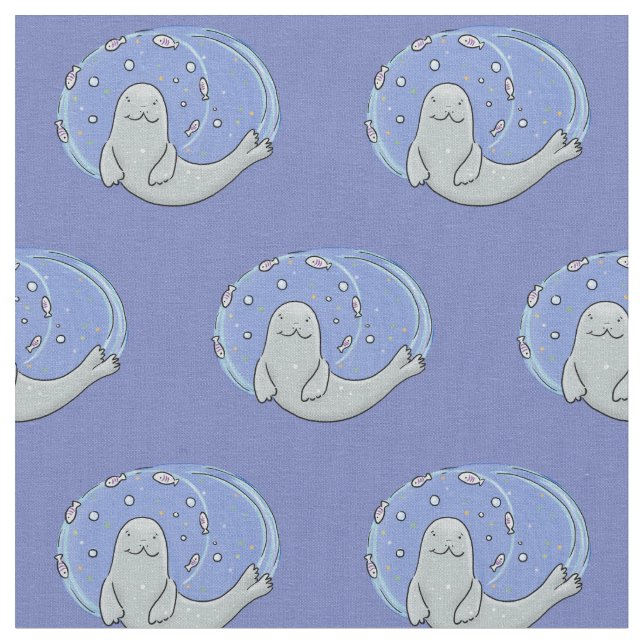 Tissu Caricature joyeux de phoque et de poisson bleu (Fermer)