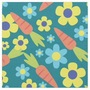 Tissu Carottes et fleurs mignonnes Printemps Pâques