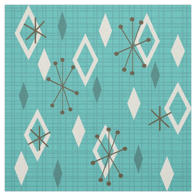 Tissu Carreau du milieu du siècle Starbursts Turquoise (Échantillon)