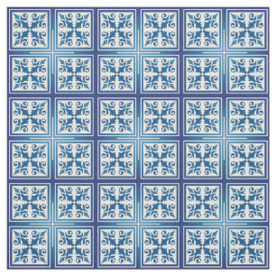 Tissu Carrelage Bleu Méditerranéen Marocain Coton ou lin