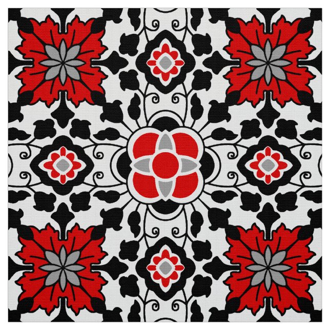 Tissu Carrelage marocain floral, rouge profond, noir et  (Échantillon)