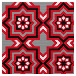 Tissu Carrelage marocain, rouge, gris / gris, noir et bl