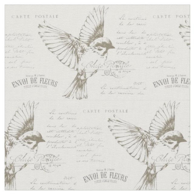 Tissu Carte d'oiseaux Vintage française Script  (Fermer)