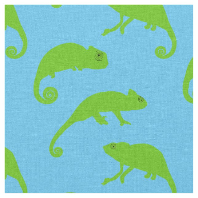 Tissu Cartoon vert Chameleons sur bleu (Fermer)