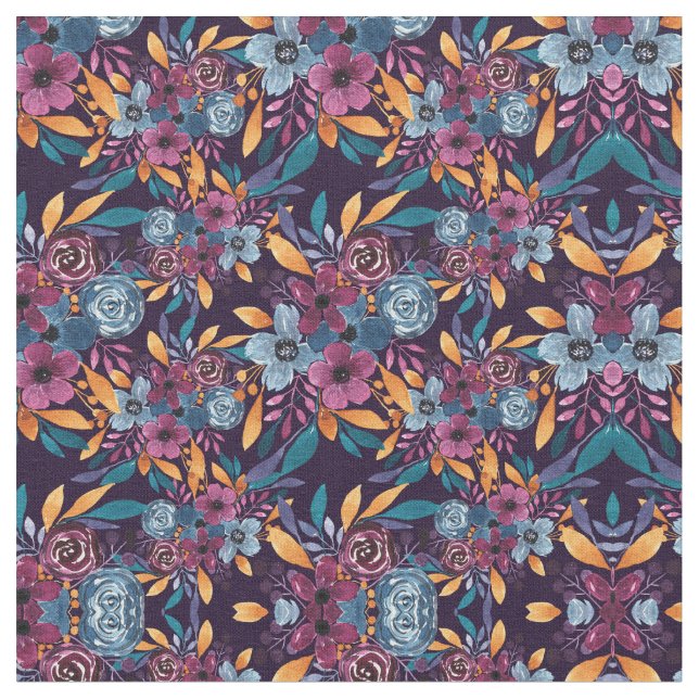 Tissu Cas de Burgundy Navy Mustard Watercolor Flowers (Fermer)