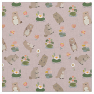 Tissu Castors & nénuphars sur gris rose clair