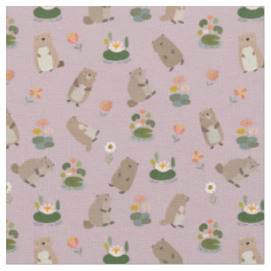 Tissu Castors & nénuphars sur gris-rose pastel