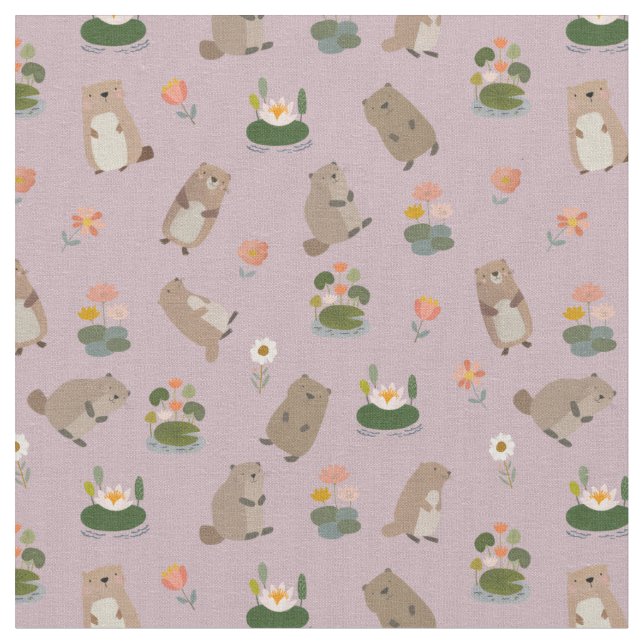 Tissu Castors & nénuphars sur gris-rose pastel (Fermer)