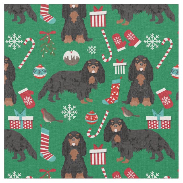 Tissu Cavalier roi Charles Spaniel noir et bronze xmas (Fermer)