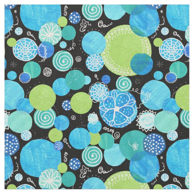 Tissu Cercles Abstraits Bleu Vert Noir Capricieux (Fermer)