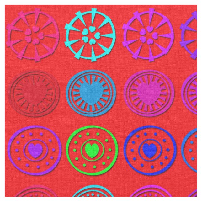 Tissu Cercles cardiaques multicolores sur rouge (Fermer)