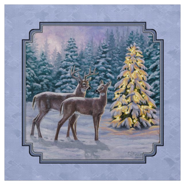 Tissu Cerf et arbre de Noël Bleu d'hiver (Échantillon)