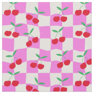 Tissu Cerises à carreaux sur des damiers roses tordus