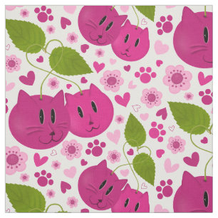 Tissu Cerises, Chats, Coeurs, Fleurs de cerisiers et pat