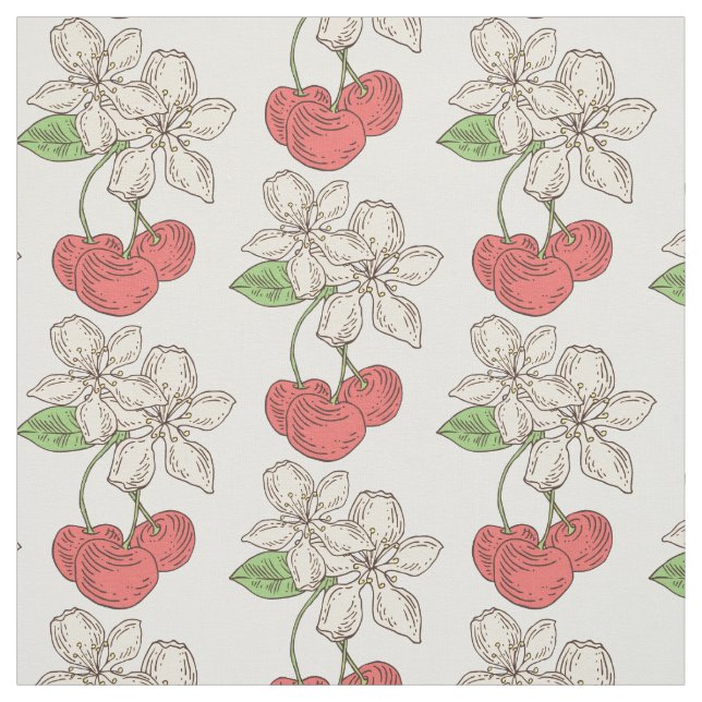 Tissu Cerises et fleurs de cerisier (Échantillon)