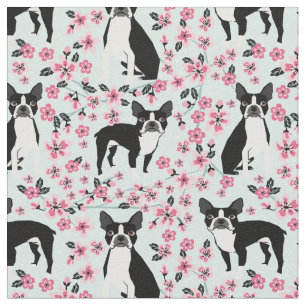 Tissu Cerisiers de Boston Terrier en fleurs bleu clair