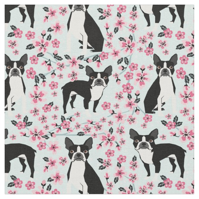 Tissu Cerisiers de Boston Terrier en fleurs bleu clair (Fermer)