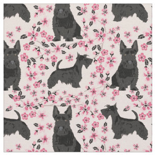 Tissu cerisiers en fleurs de scottie dog floraux roses