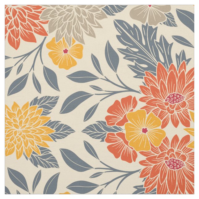 Tissu Chaleureux Jaune, Orange & Bleu Floral (Échantillon)