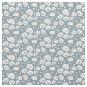 Tissu Champ de pavots blanc sur bleu