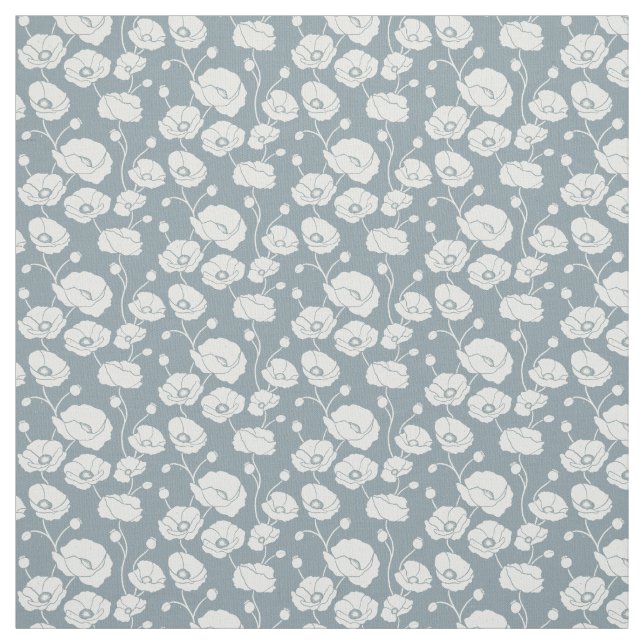 Tissu Champ de pavots blanc sur bleu (Échantillon)