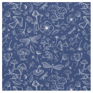 Tissu Champignons botaniques sauvages Imprimer en bleu m