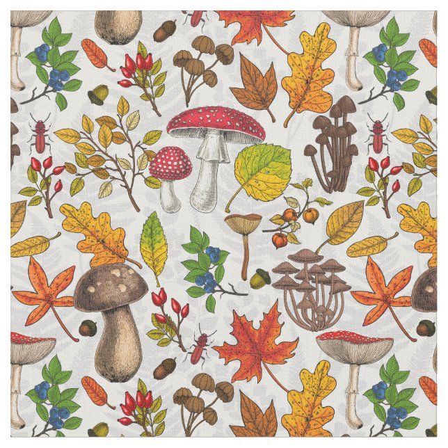 Tissu Champignons d'automne, feuilles, noix et baies sur (Fermer)