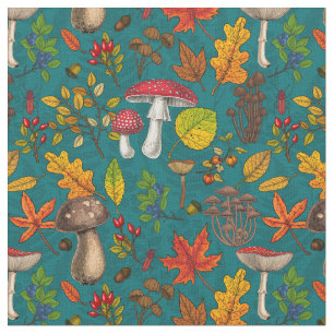 Tissu Champignons d'automne, feuilles, noix et baies sur