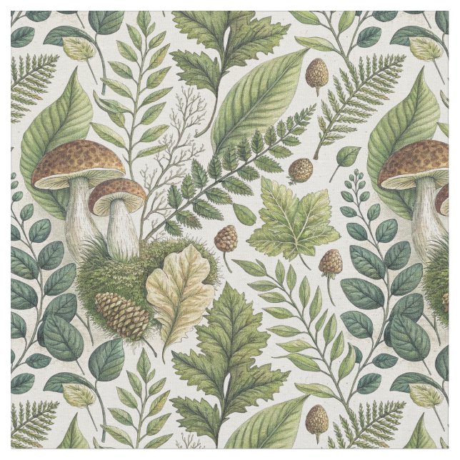Tissu Champignons des bois Pinecones Ferns Motif d'autom (Fermer)