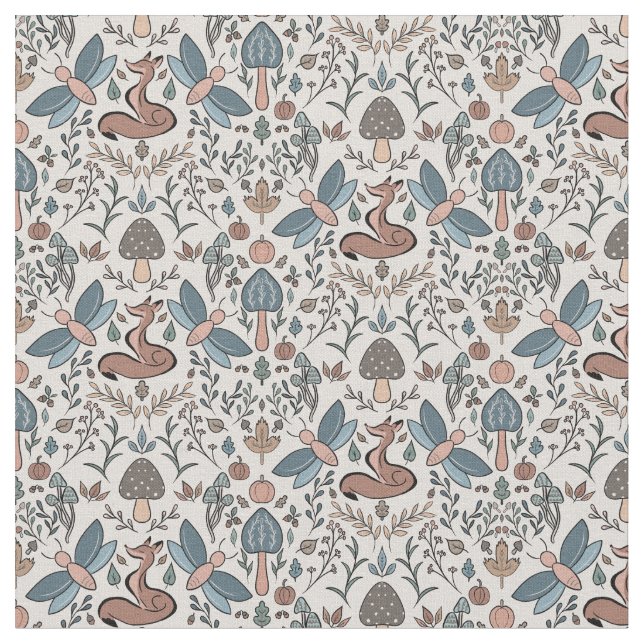 Tissu Champignons Fox & Dragonfly Cute Motif d'automne (Fermer)