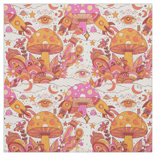 Tissu Champignons psychédéliques et roquettes Trippy rét