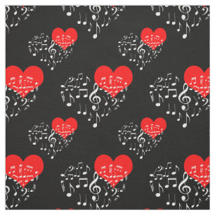 Tissu Chanter Motif de coeur. Coeurs rouges, notes blanc