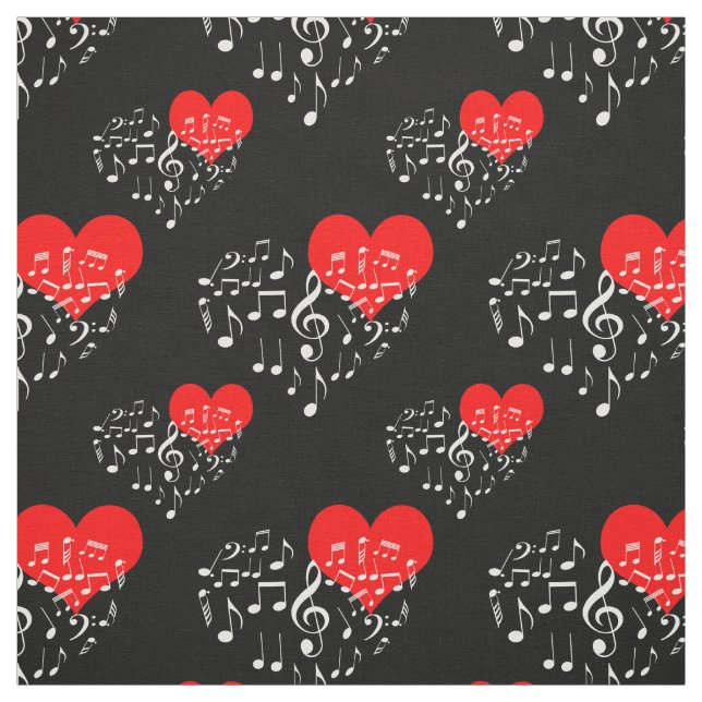 Tissu Chanter Motif de coeur. Notes blanches, fond noir (Échantillon)