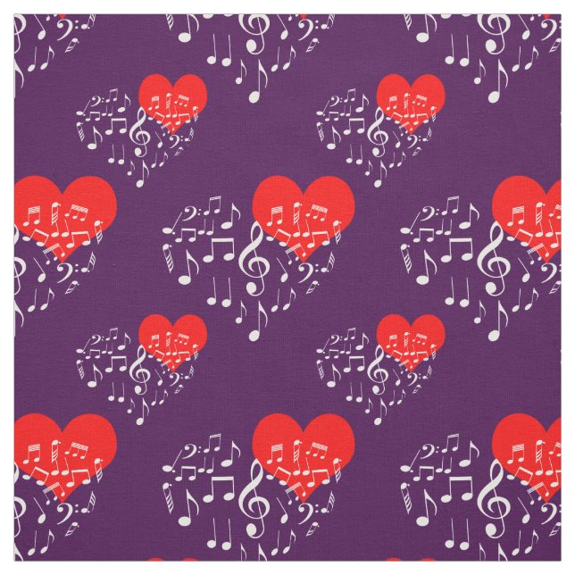 Tissu Chanter Motif de coeur. Notes blanches sur Violet (Échantillon)