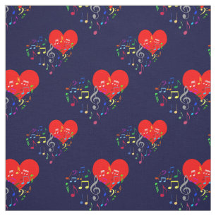 Tissu Chanter Motif de coeur. Notes de couleur, fond ble