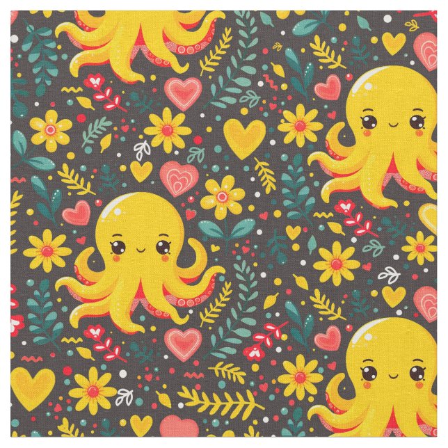 Tissu Charbon Kawaii Octopus Floral Sea Garden (Fermer)