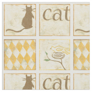 Tissu Chat Brown et oiseau jaune par Chariklia Zarris