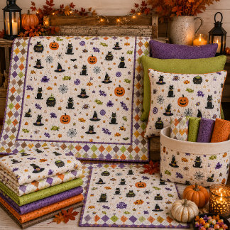 Tissu Chat d'Halloween Citrouilles Chapeaux de Sorcière