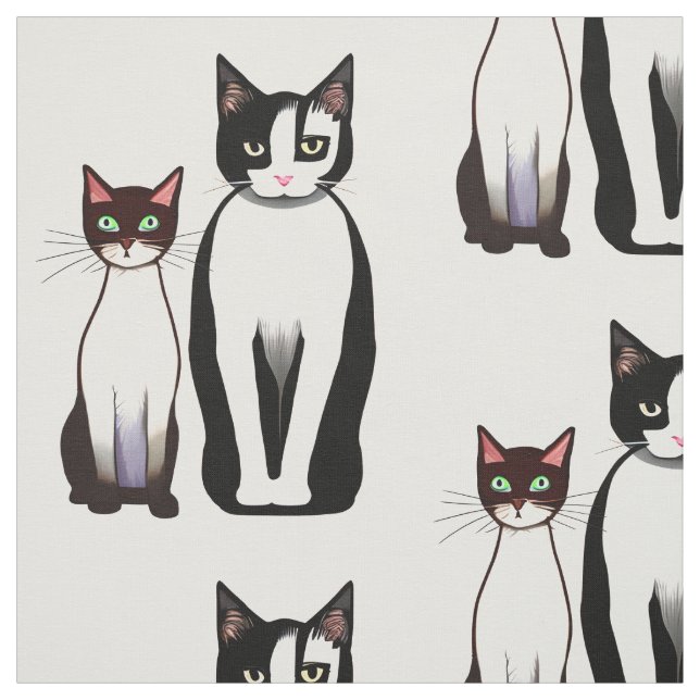 Tissu Chat et chaton noir et blanc rétro moderne (Échantillon)