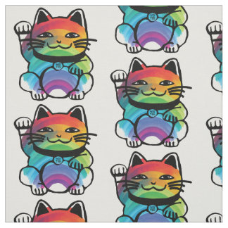 Tissu Chat Japonais Chanceux avec Arc-en-Ciel