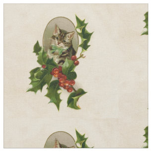 Tissu Chat Noël Joyau Holly Kitten Art antique