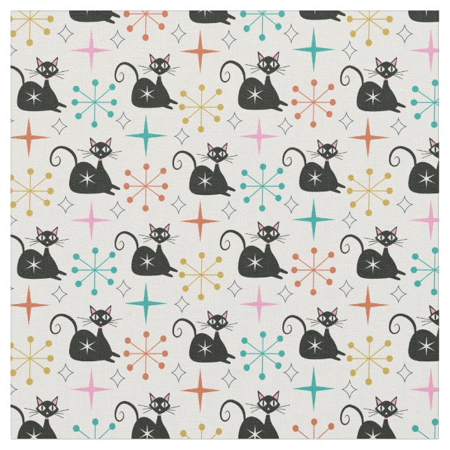 Tissu Chat noir atomique de style milieu de siècle avec  (Fermer)