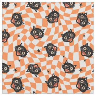 Tissu Chat noir rétro Motif chèque orange