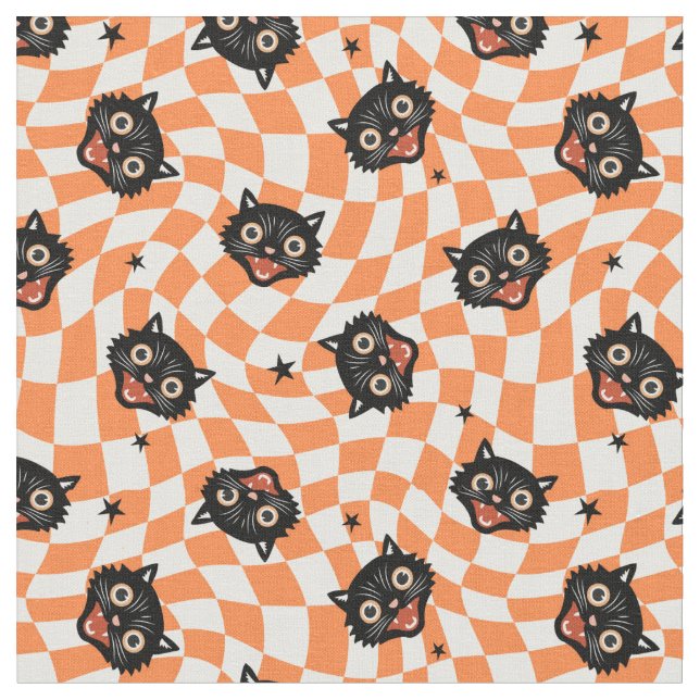 Tissu Chat noir rétro Motif chèque orange (Fermer)