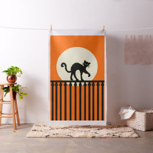Tissu Chat noir sur Pleine lune de clôture orange Bright