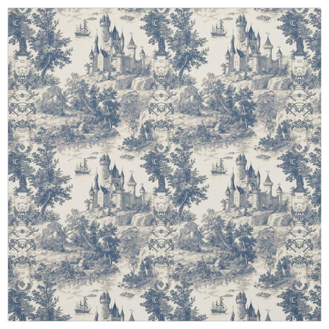Tissu Château bleu Toile de Jouy sur Vieux (Échantillon)