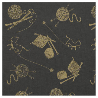 Tissu Chats à thème tricot avec aiguilles en fil