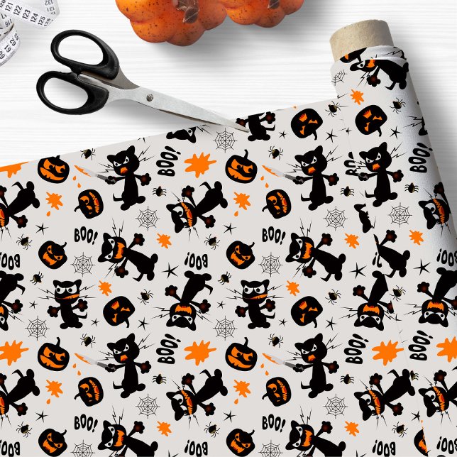 Tissu Chats, araignées et Citrouilles noirs grincheux d' (Cute Halloween fabric with black cats, spiders and pumpkins.)