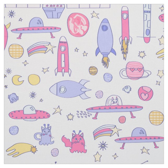 Tissu chats astronautes fusée ovni science-fiction vaiss (Échantillon)